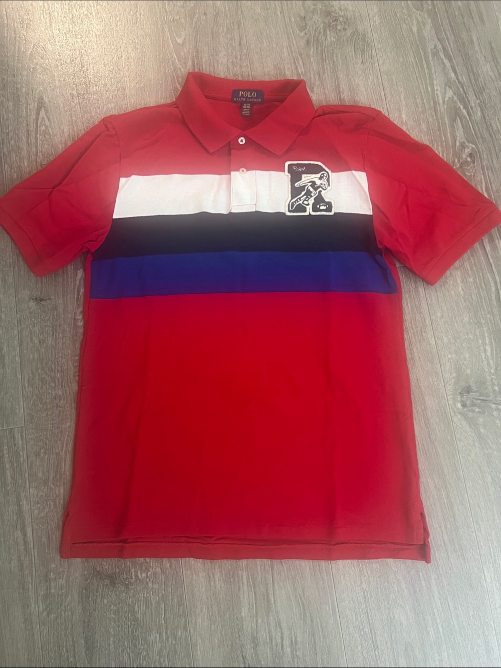Polo by Ralph Lauren Red Polo with White, Black & Blue Stripes